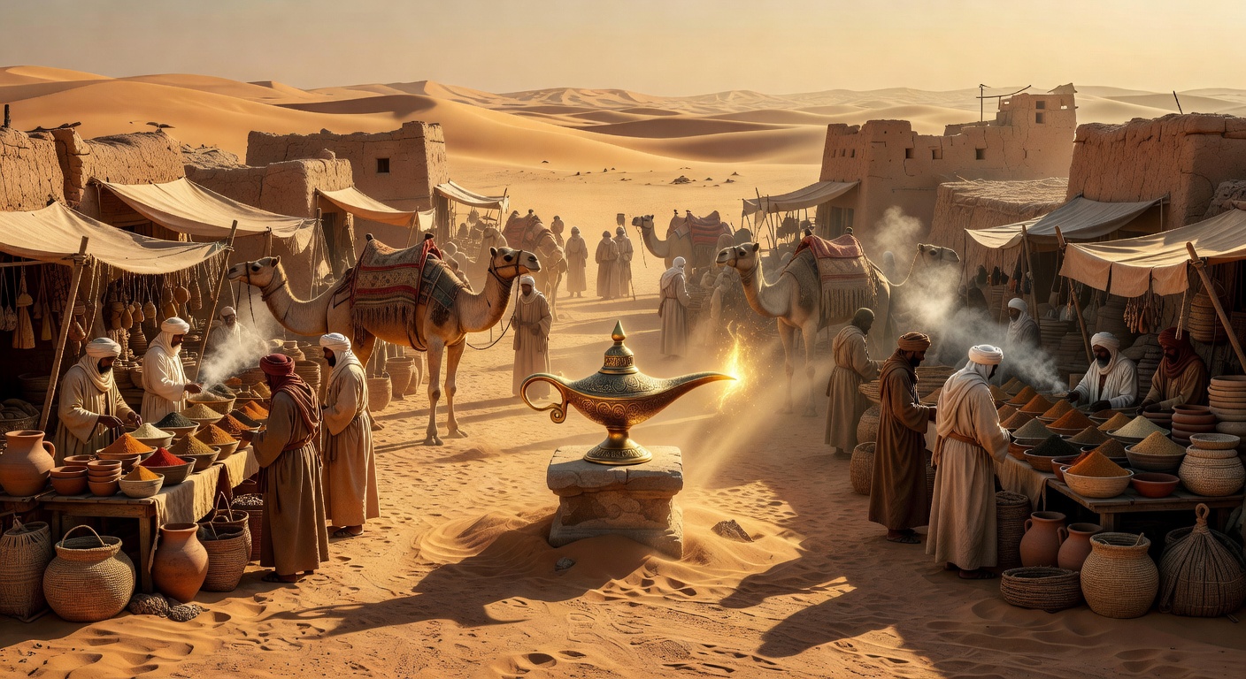 Atmospheric Egyptian desert market with a glowing ancient lamp in the center